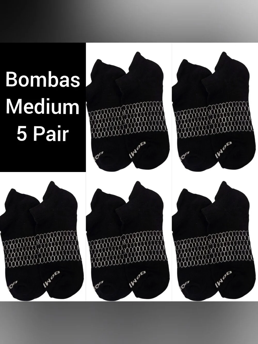 Bombas Medium Ankle Socks Black & White 5 Pair BNWT Unisex Honeycomb Arch Suppor